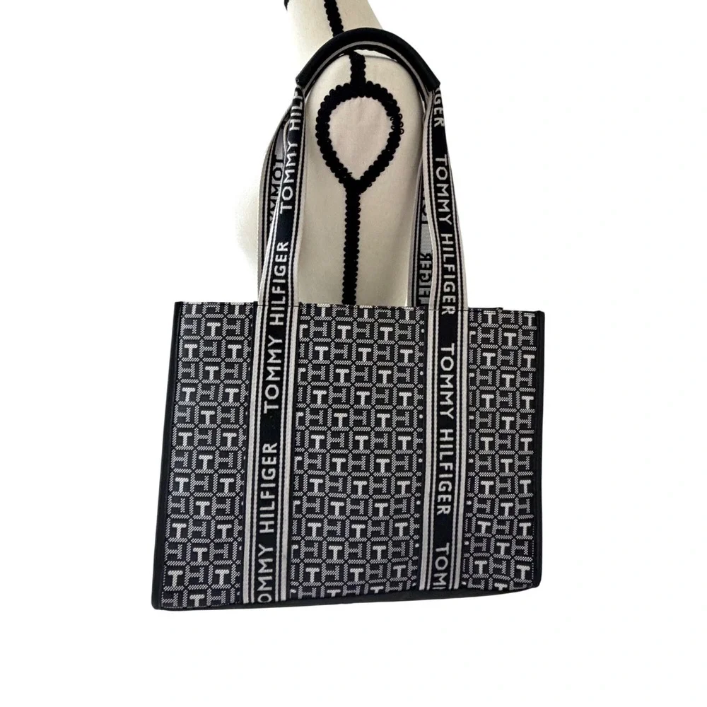 Tommy Hilfiger Monogram Jacquard Tote Bag Navy White Logo Strap Shoulder Bag
